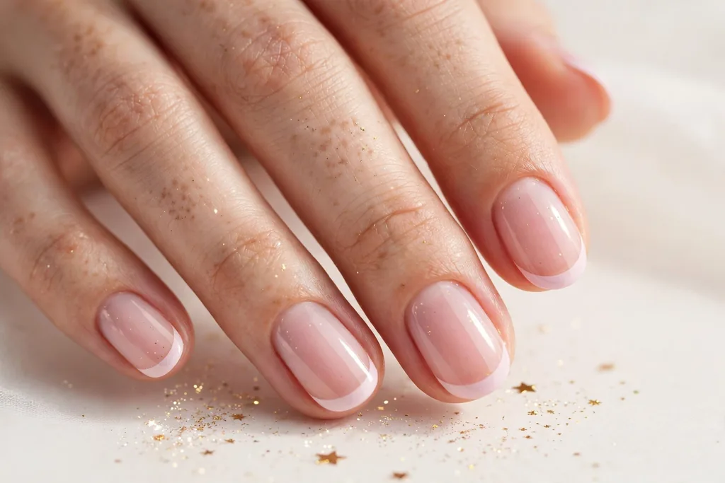 New Year's Day French tip nails with pale pink tips on a sheer pink base, shown on short oval nails.
