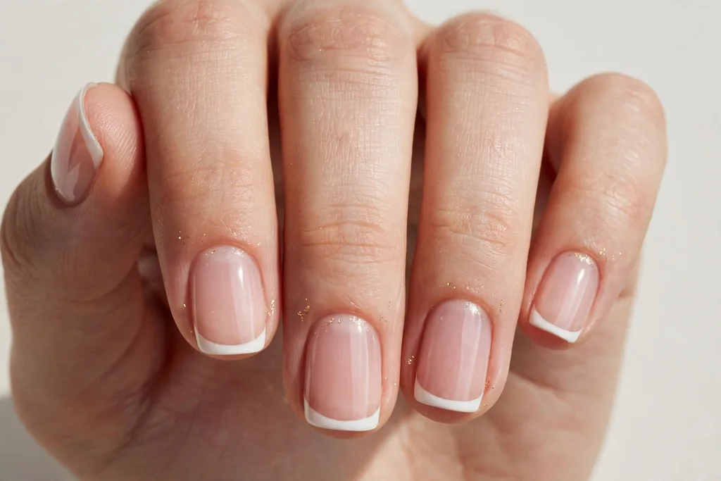 New Year's Day French tip nails with crisp white tips on a sheer pink base, shown on short squoval nails.