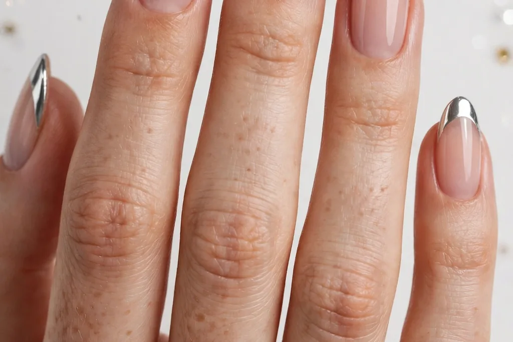 New Year's Day French tip nails with silver chrome mirror tips on a sheer nude base, shown on medium almond nails.