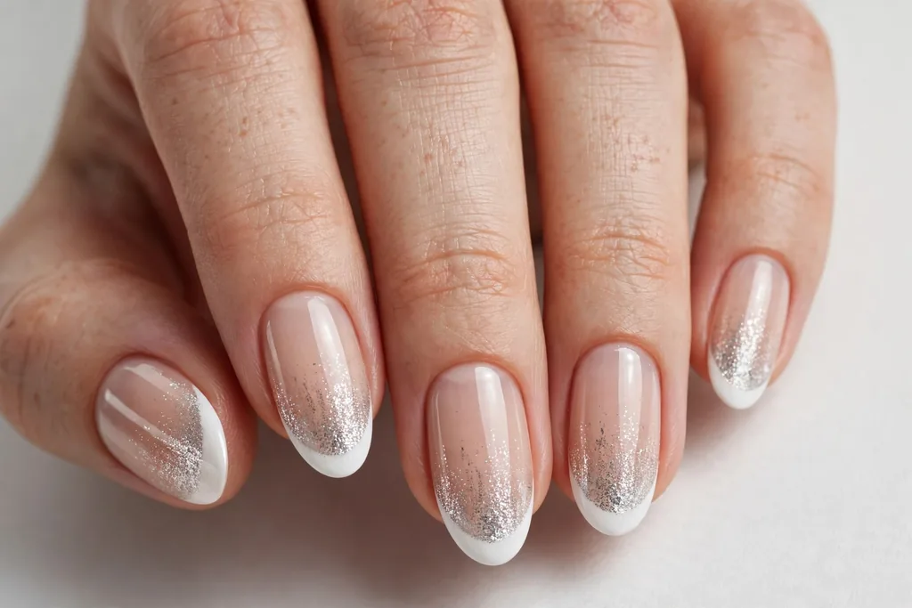 New Year's Day French tip nails with white tips and a fine silver shimmer fading down from the tips on a sheer nude base, shown on medium almond nails.