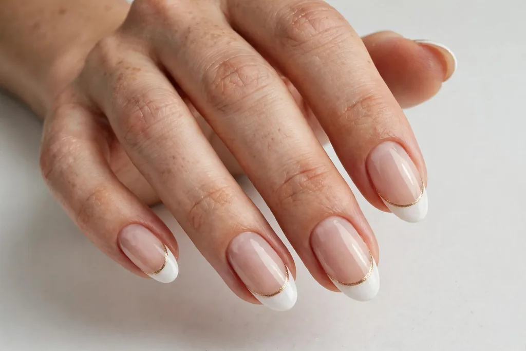 New Year's Day French tip nails with a fine metallic gold line along the smile line on a sheer nude base, shown on medium almond nails.