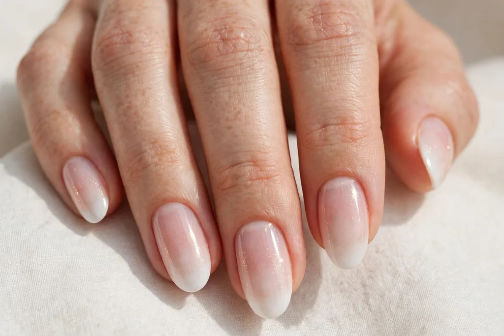 New Year's Day French ombre nails with white tips fading softly into a sheer pink base, shown on medium almond nails.