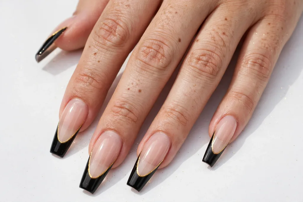 New Year's Eve French tip nails with jet black tips edged with a thin gold line on a sheer nude base, shown on long coffin nails.