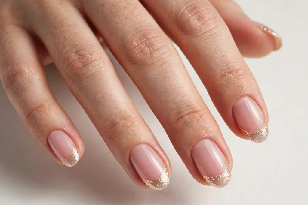 New Year's Eve French tip nails with soft champagne shimmer tips on a sheer pink base, shown on medium oval nails.