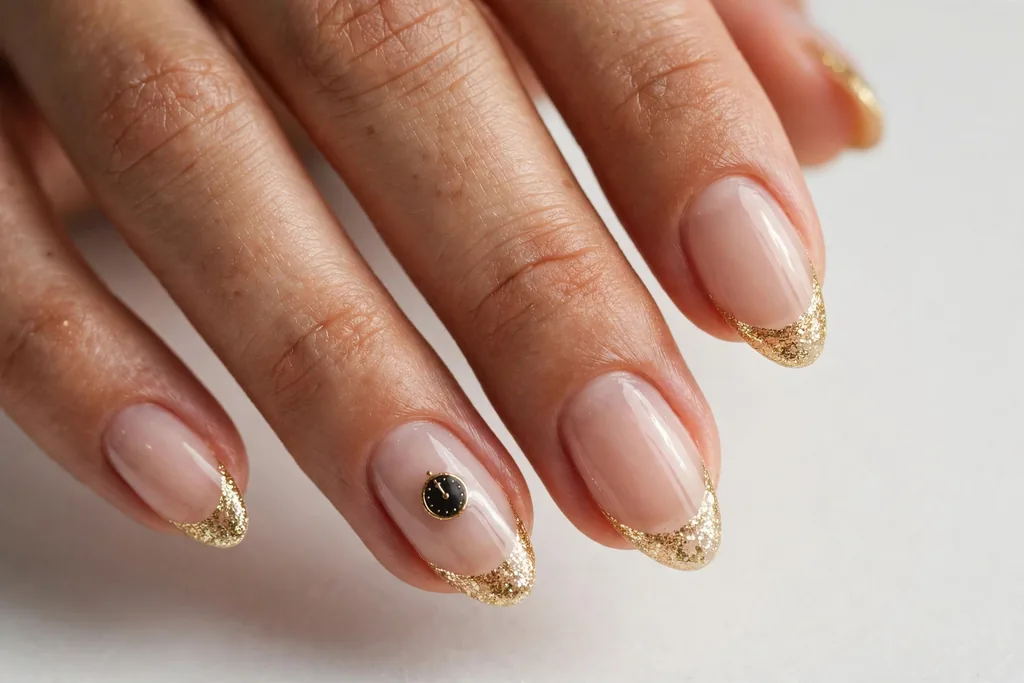 New Year's Eve French tip nails with gold glitter tips and one accent nail with a tiny clock face showing midnight on a sheer nude base, shown on medium almond nails.