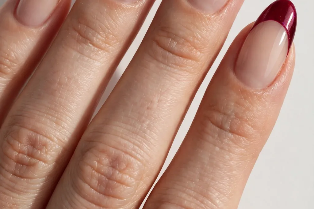 New Year's Eve French tip nails with a different jewel-tone tip color on each nail, including gold, emerald, navy, ruby, and plum, on a sheer nude base, shown on medium almond nails.