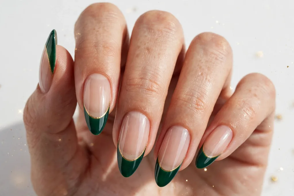New Year's Eve French tip nails with deep emerald green tips edged with a thin gold line on a sheer nude base, shown on long almond nails.