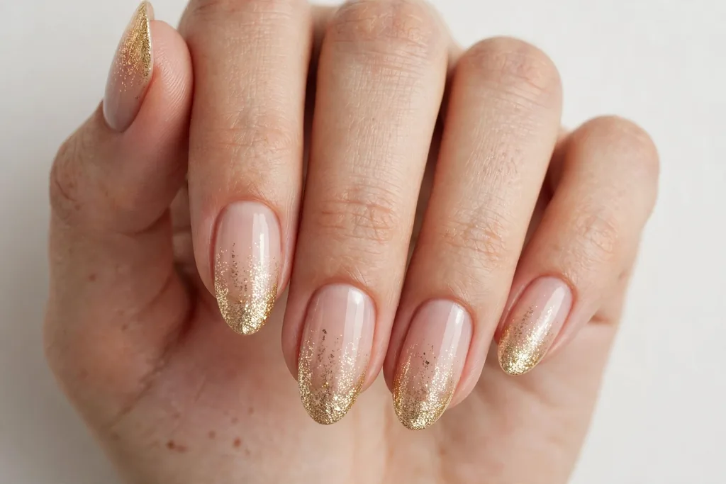 New Year's Eve French tip nails with gold glitter fading softly from the tips into a sheer nude base, shown on medium almond nails.