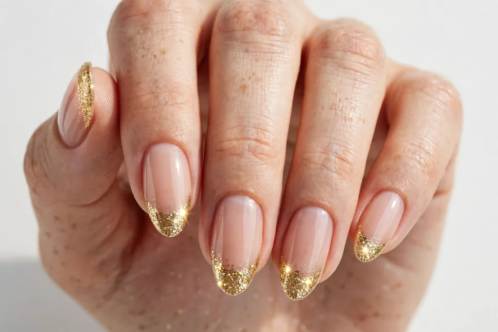 New Year's Eve French tip nails with sparkling gold glitter tips on a sheer nude base, shown on medium almond nails.