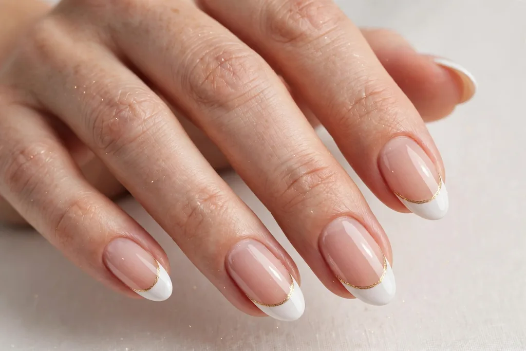 New Year's Eve French tip nails with classic white tips outlined by a fine metallic gold line along the smile line on a sheer nude base, shown on medium almond nails.
