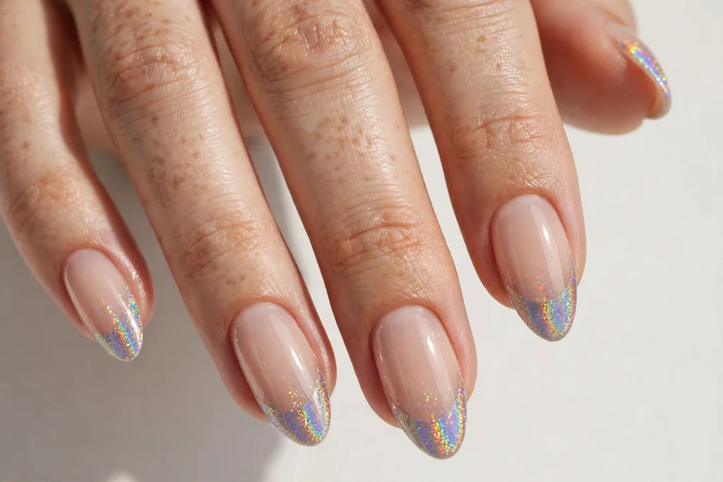 New Year's Eve French tip nails with holographic rainbow-shimmer tips on a sheer nude base, shown on medium almond nails.