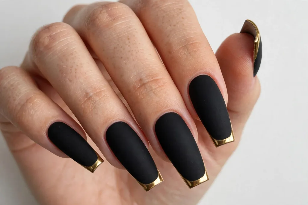 Matte black nails with glossy gold French tips for a finish contrast, shown on long coffin nails with a sheer-free black base.