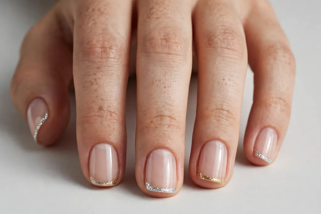 New Year's Eve French tip nails with ultra-thin micro glitter tips in silver and gold on a sheer nude base, shown on short squoval nails.