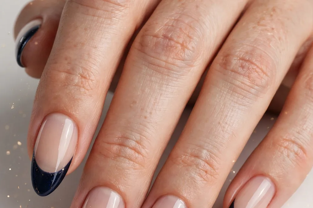 New Year's Eve French tip nails with deep midnight navy glossy tips on a sheer nude base, shown on medium almond nails.