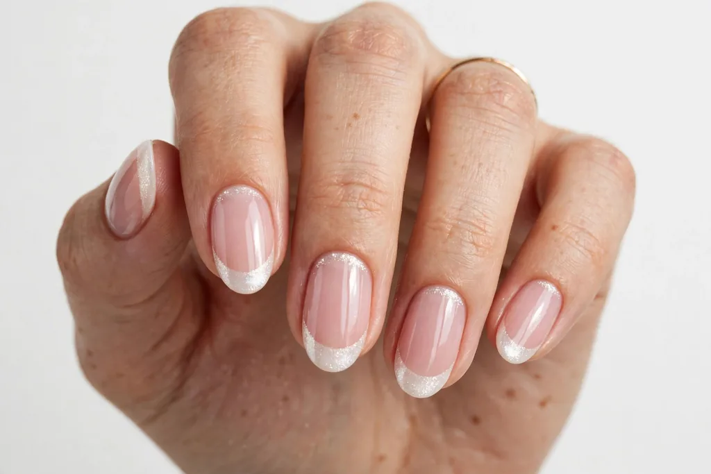 New Year's Eve French tip nails with soft pearl white shimmer tips on a sheer pink base, shown on medium oval nails.