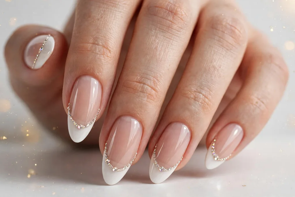 New Year's Eve French tip nails with classic white tips and tiny rhinestones along the smile line on a sheer nude base, shown on long almond nails.
