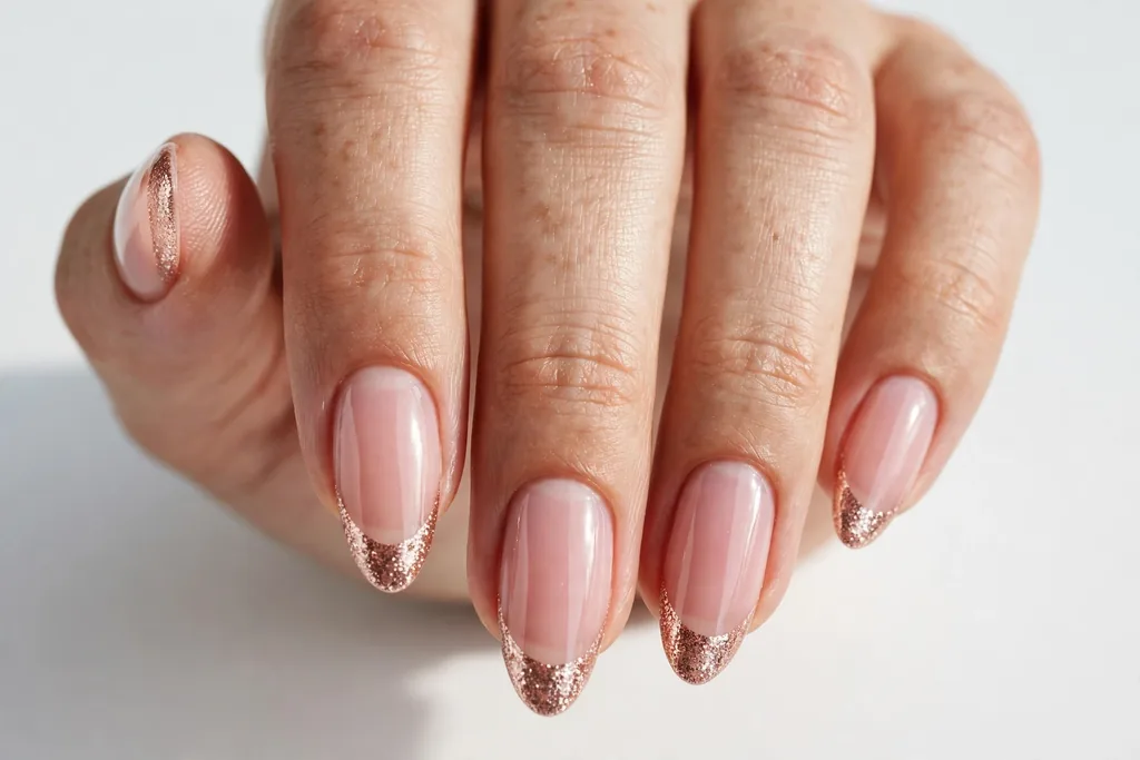 New Year's Eve French tip nails with rose gold glitter tips on a sheer blush base, shown on medium almond nails.