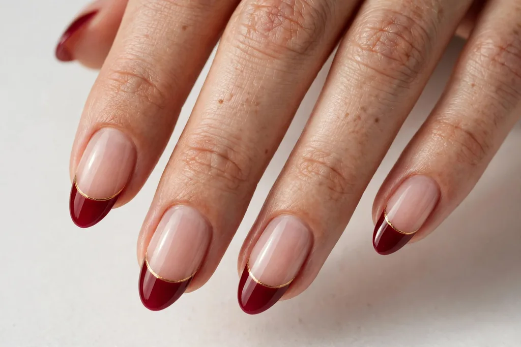 New Year's Eve French tip nails with deep ruby red glossy tips and a thin gold line on a sheer nude base, shown on medium almond nails.