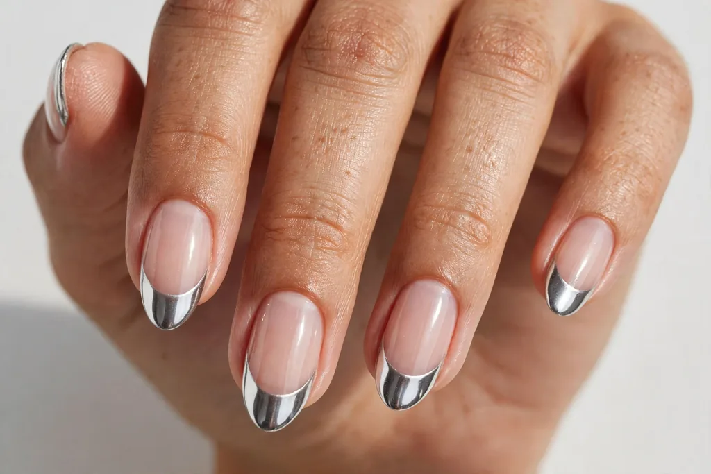 New Year's Eve French tip nails with silver chrome mirror tips on a sheer nude base, shown on medium almond nails.