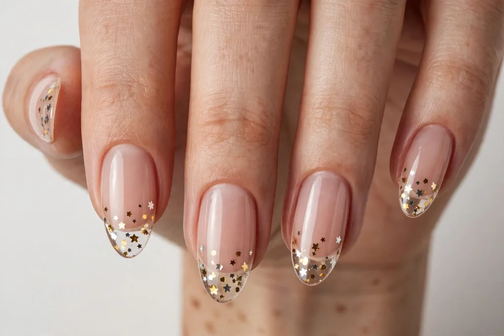 New Year's Eve French tip nails with clear tips scattered with tiny gold and silver star confetti on a sheer nude base, shown on medium almond nails.