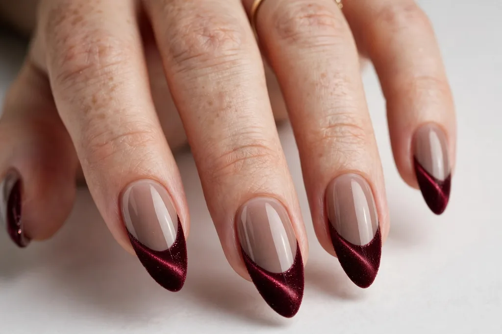 New Year's Eve French tip nails with deep burgundy velvet cat-eye magnetic tips on a smoky nude base, shown on long almond nails.