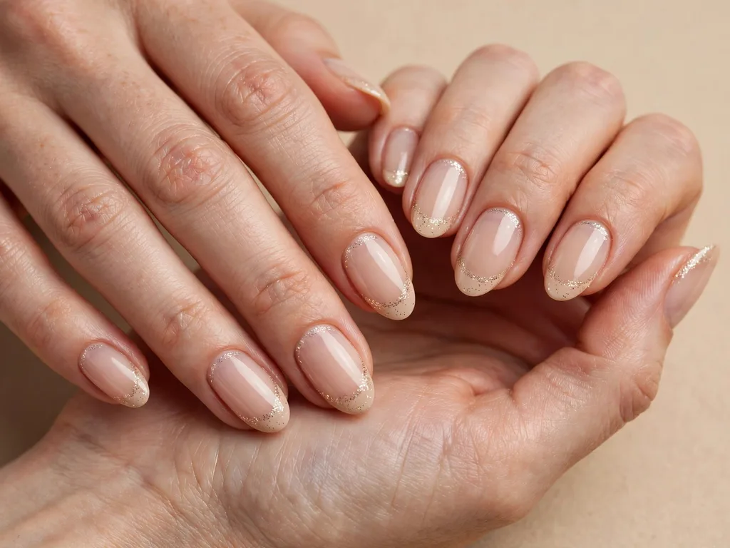 Nude beige French tip nails with champagne micro-glitter on oval nails