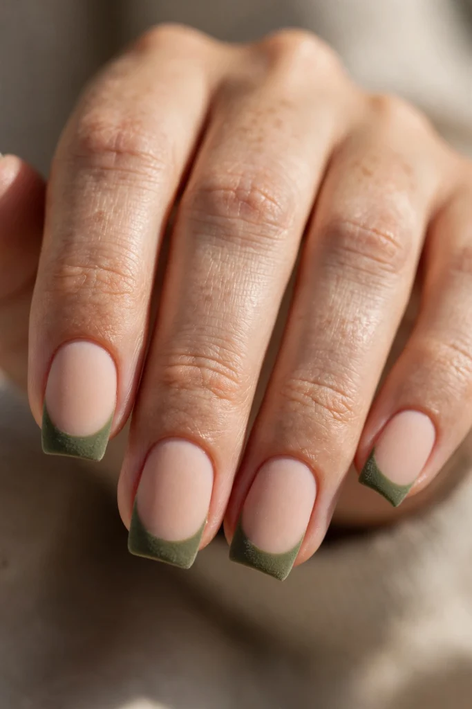 Squoval nails with olive green French tips in a soft matte velvet finish over a nude base.