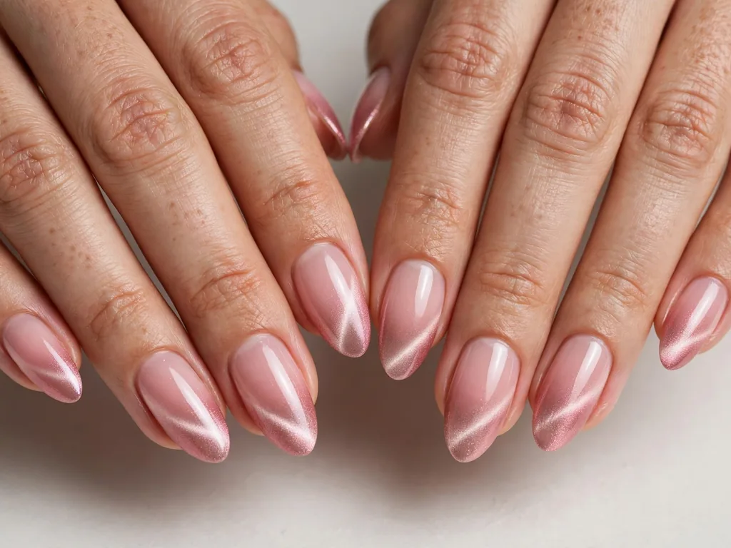Ombre cat eye French tip nails fading from pink to a shimmering tip on almond nails