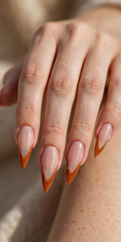 Close-up of long stiletto nails with sharp V-cut burnt orange French tips over a sheer nude base