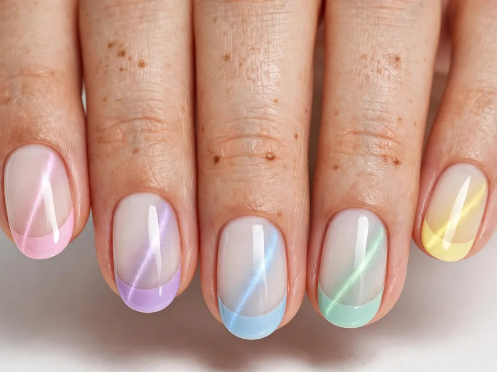 Pastel cat eye French tip nails in pink, lilac, blue and mint on oval nails