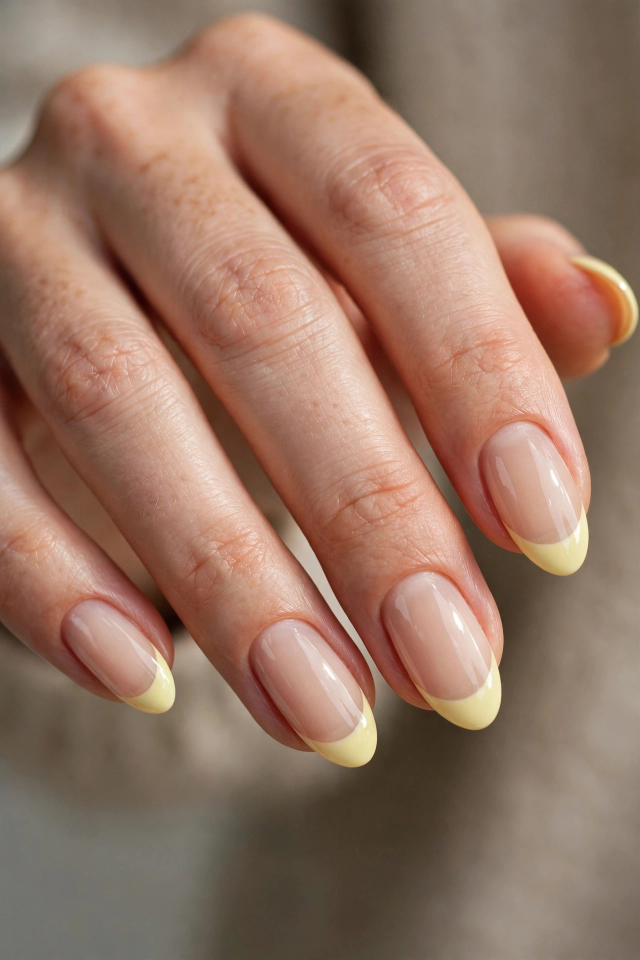 Almond-shaped nails with soft pastel butter-yellow French tips over a sheer nude base.