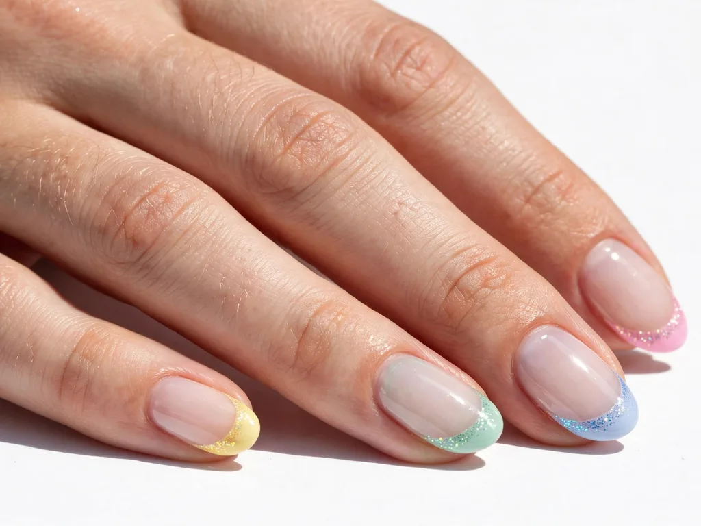 Pastel French tip nails in pink, lilac, blue and mint with matching glitter on oval nails