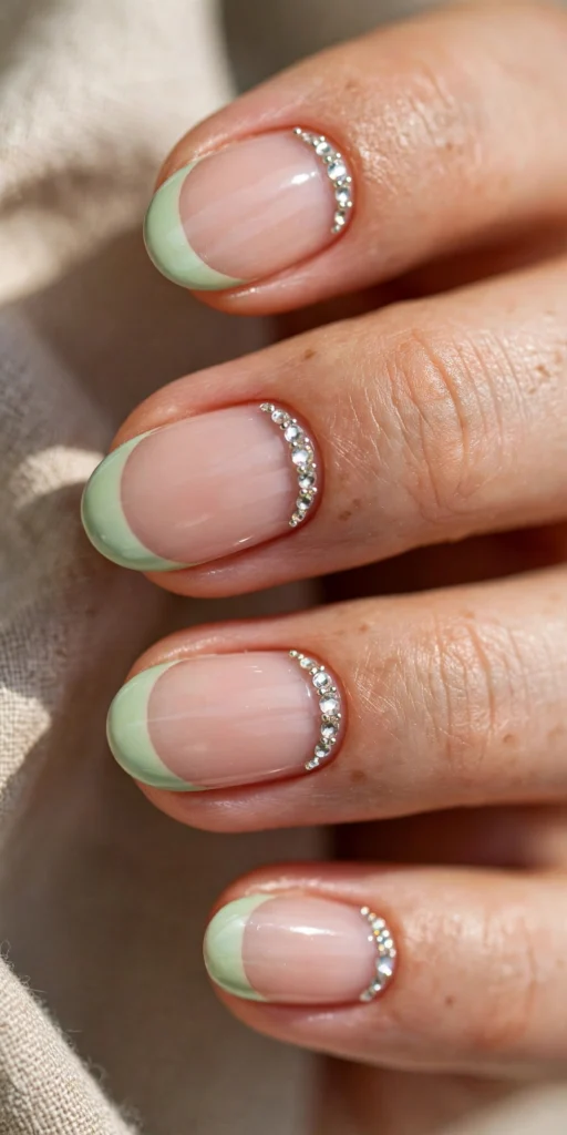 Oval nails with pastel green French tips and a row of small crystal rhinestones along the cuticle.