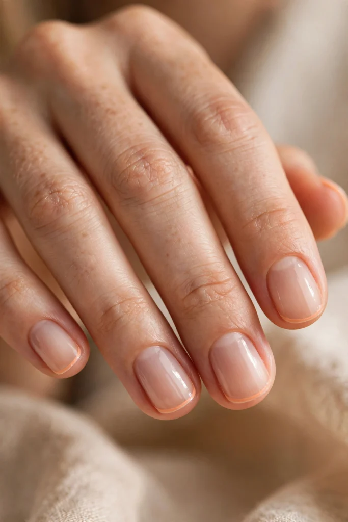 Close-up of short rounded natural nails with ultra-thin delicate peach-orange micro French tips
