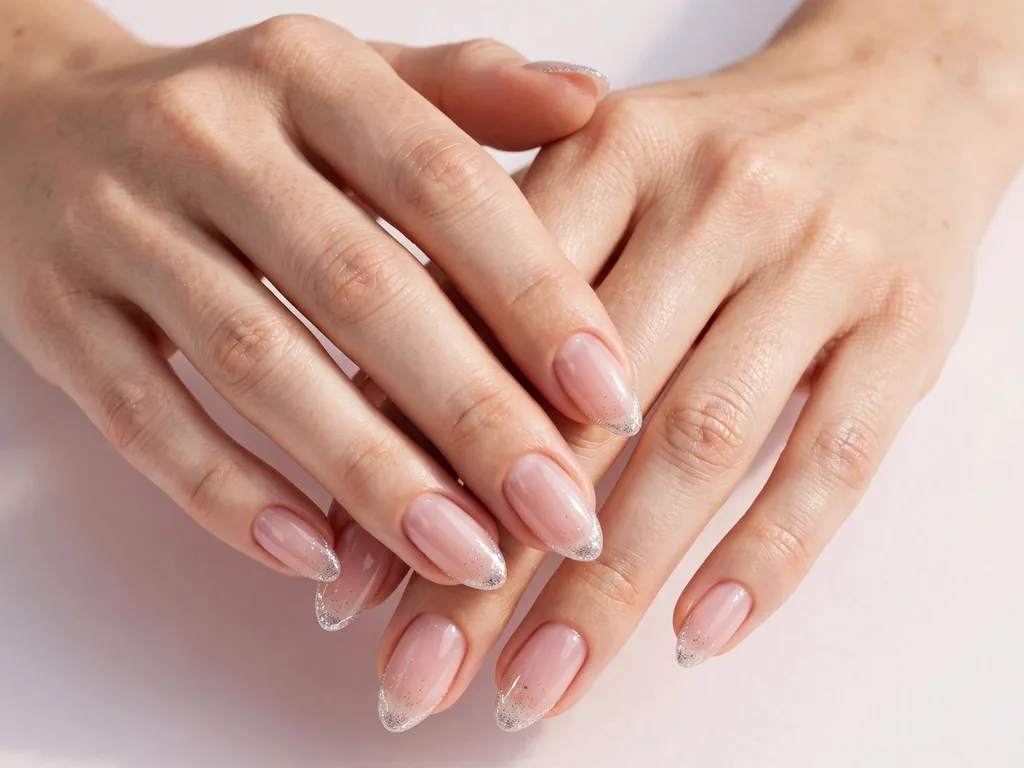 Silver glitter French tip nails over a sheer pink base on almond nails