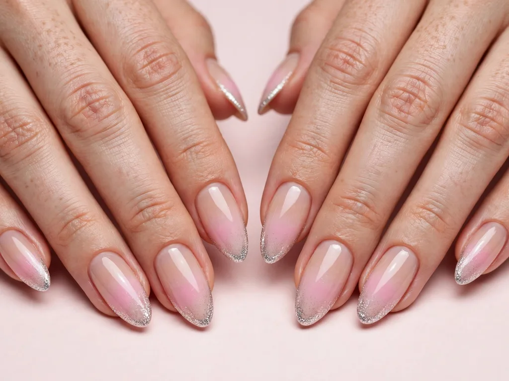 Pink ombre French tip nails fading into a silver glitter edge on almond nails