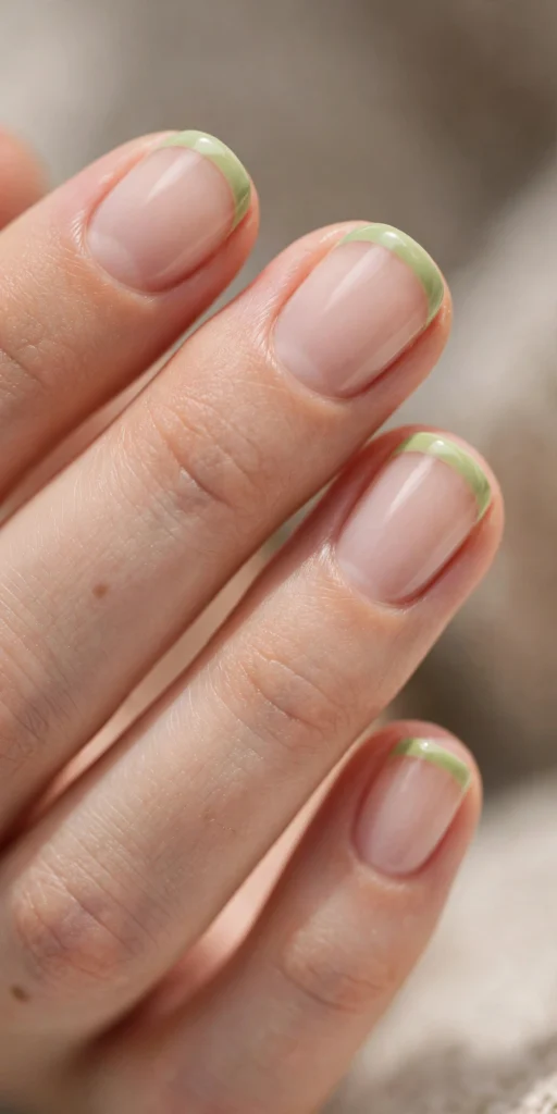 Short natural round nails with pistachio light-green French tips in a minimal clean style.