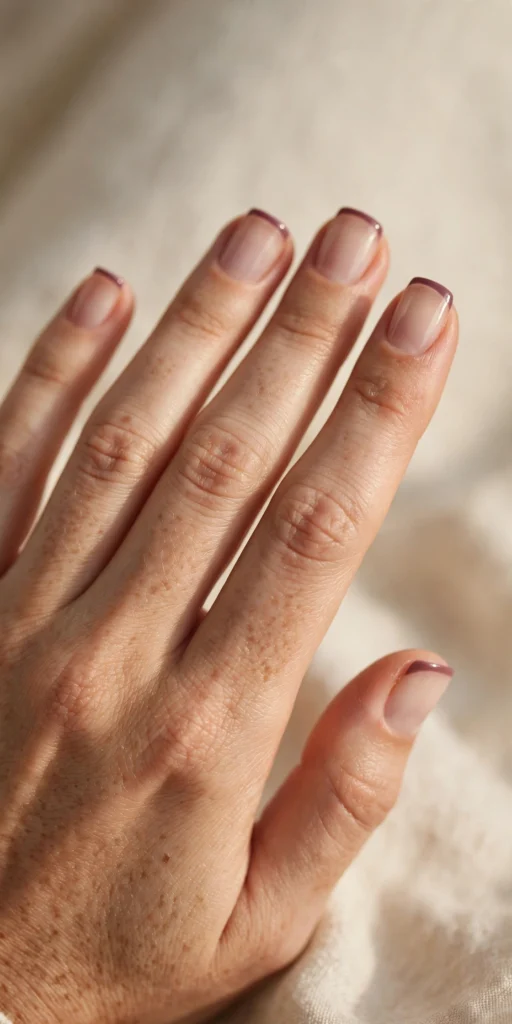 Short square nails with minimalist thin plum-burgundy French tips over a sheer natural base.