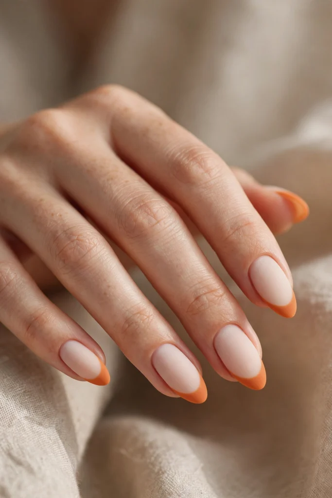 Close-up of almond nails with warm pumpkin orange French tips over a milky nude base, matte finish