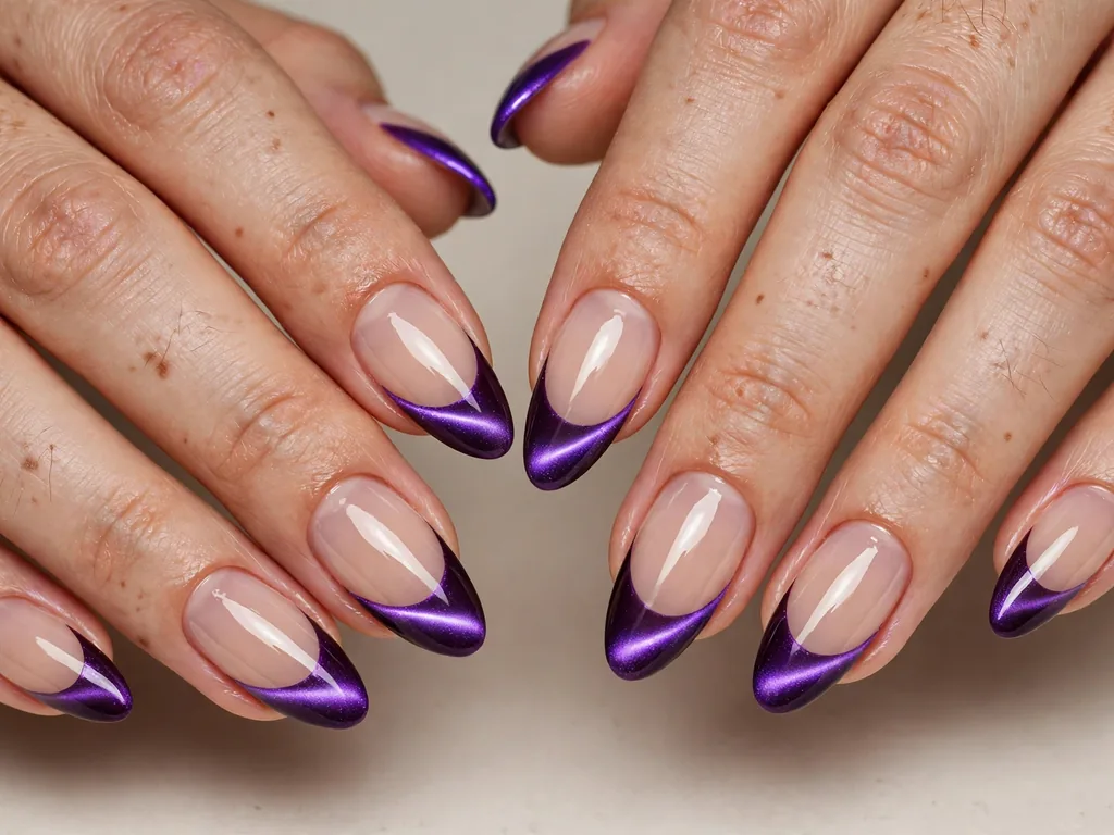 Purple cat eye French tip nails with a violet glow on almond nails
