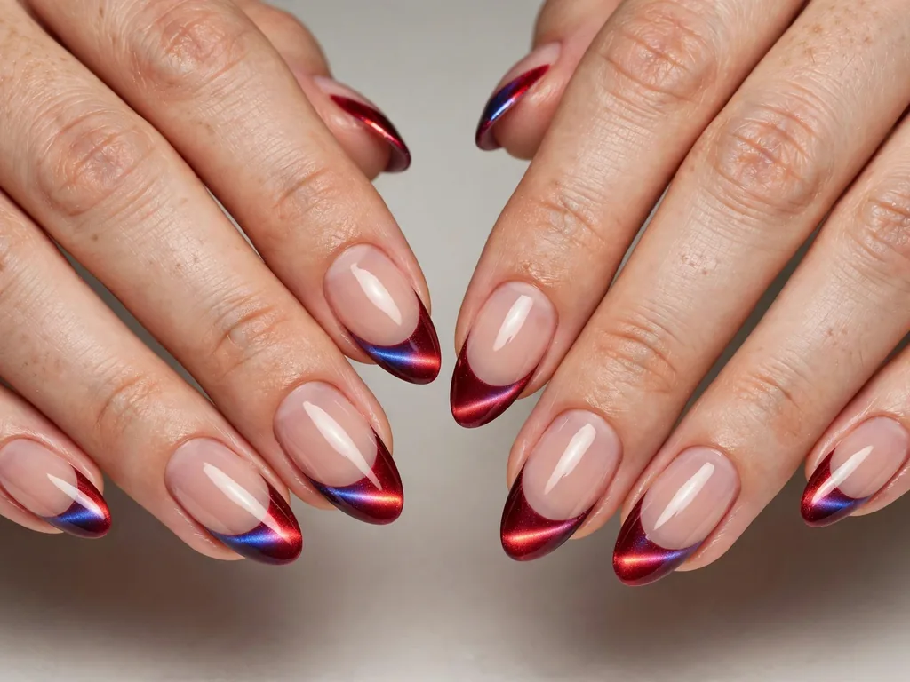 Red cat eye French tip nails with a glowing band on almond-shaped nails