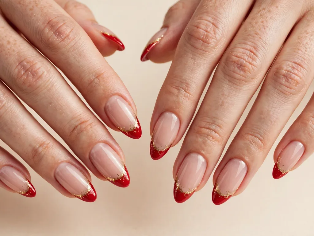 Red French tip nails with fine gold glitter on almond nails