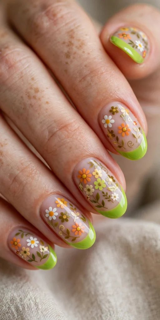 Oval nails with lime green French tips decorated with retro 1970s-style orange, white, and yellow flower art.