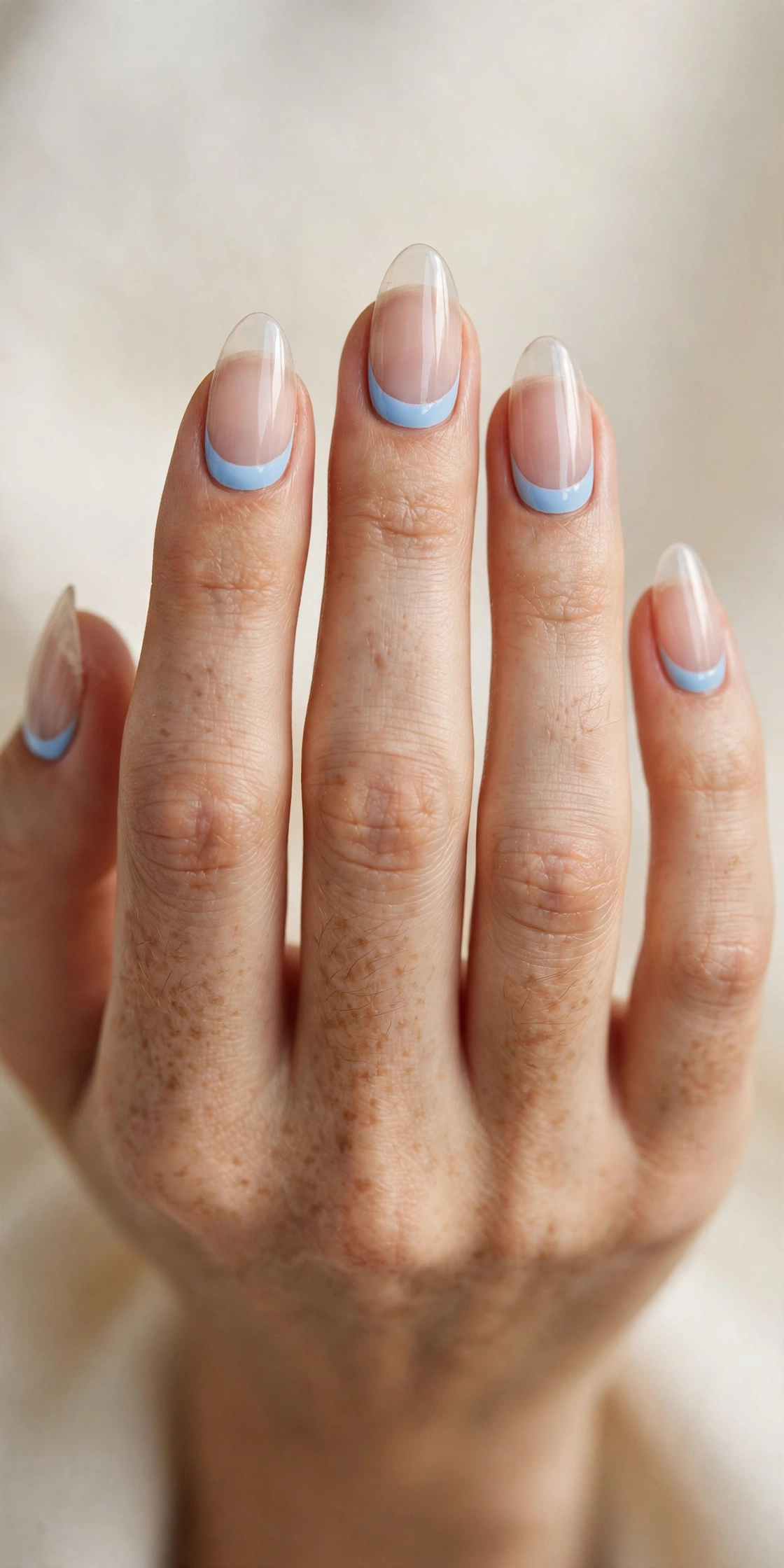 Almond nails with a reverse French manicure featuring baby blue crescents at the cuticle base and sheer nude nail beds.