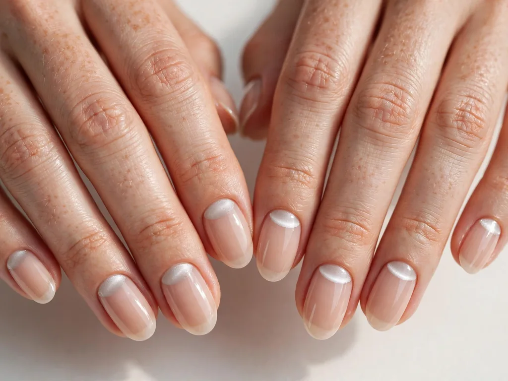 Reverse cat eye French tip nails with the magnetic glow near the cuticle on oval nails
