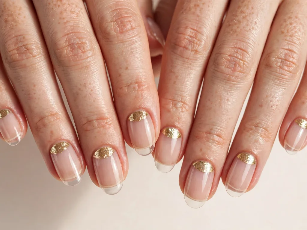Reverse French tip nails with gold glitter half-moons at the cuticle on oval nails
