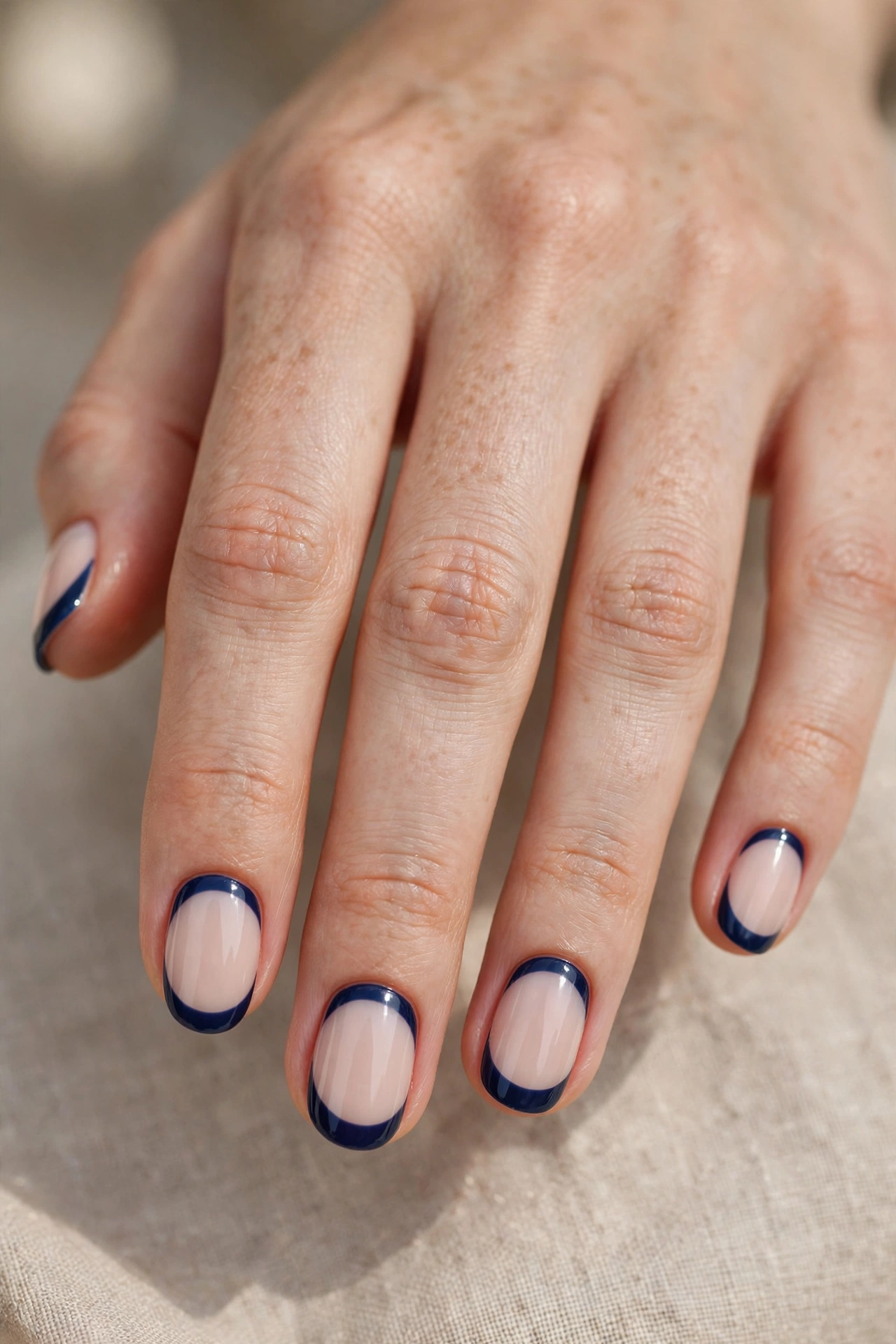Oval nails with a navy reverse French crescent hugging the cuticle over a milky nude nail.