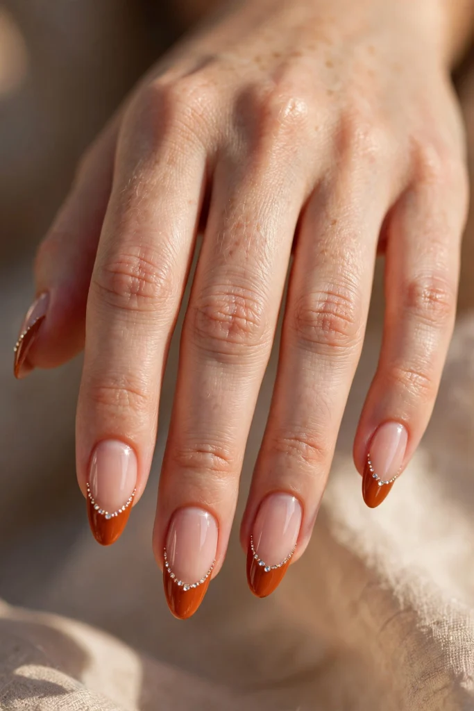Close-up of almond nails with glossy burnt orange French tips and tiny rhinestone accents along the smile line