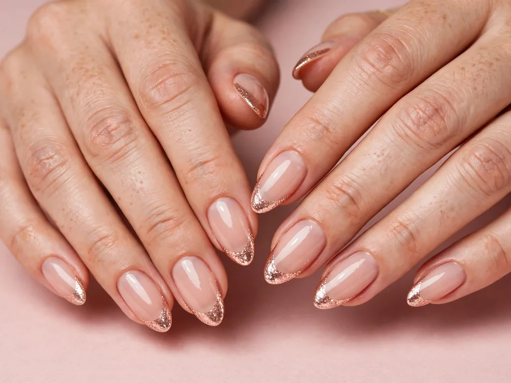 Rose gold glitter French tip nails on almond-shaped nails