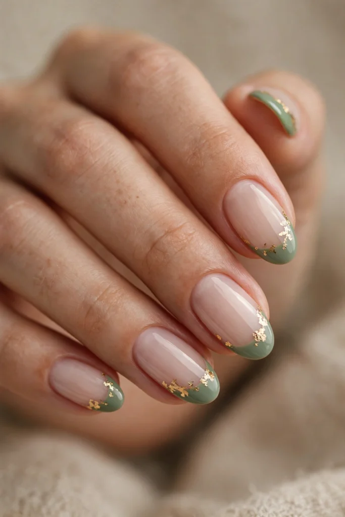 Oval nails with sage green French tips accented with delicate gold foil flakes near the tips.
